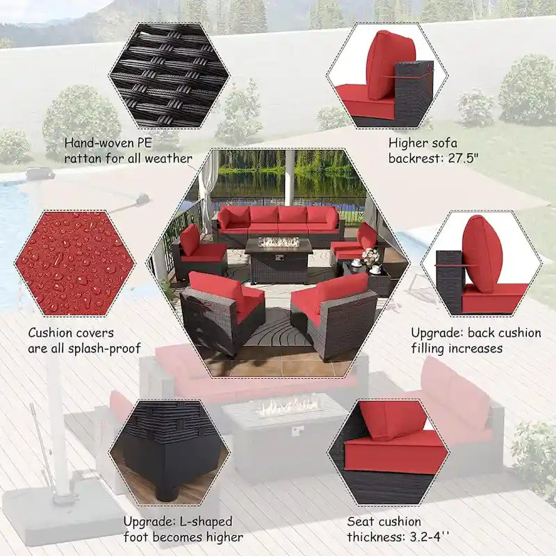 Ensemble de mobilier de jardin en osier Delnavik 9 pièces avec foyer, sièges d'extérieur avec coussins - 9 pièces