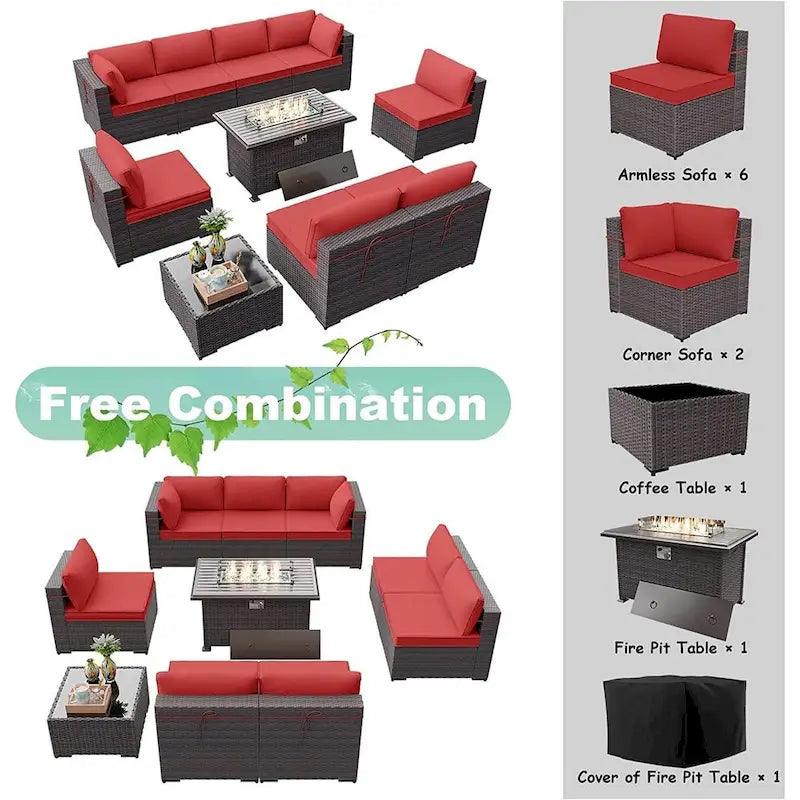 Ensemble de mobilier de jardin en osier Delnavik 9 pièces avec foyer, sièges d'extérieur avec coussins - 9 pièces