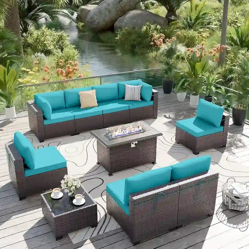 Ensemble de mobilier de jardin en osier Delnavik 9 pièces avec foyer, sièges d'extérieur avec coussins - 9 pièces
