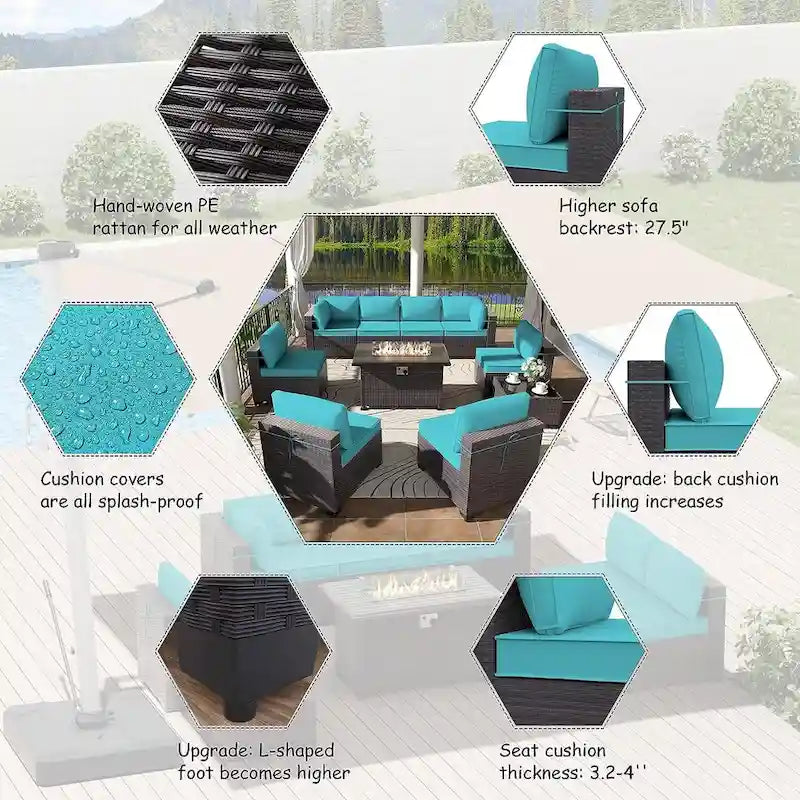 Ensemble de mobilier de jardin en osier Delnavik 9 pièces avec foyer, sièges d'extérieur avec coussins - 9 pièces
