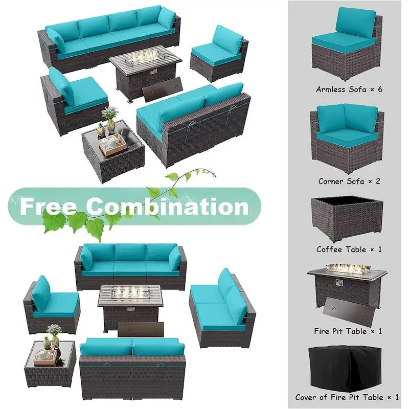 Ensemble de mobilier de jardin en osier Delnavik 9 pièces avec foyer, sièges d'extérieur avec coussins - 9 pièces