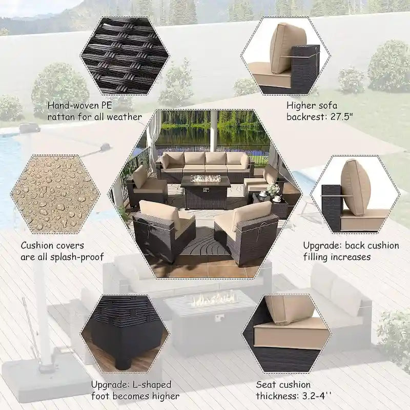 Ensemble de mobilier de jardin en osier Delnavik 9 pièces avec foyer, sièges d'extérieur avec coussins - 9 pièces