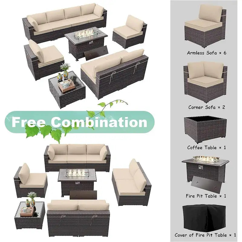 Ensemble de mobilier de jardin en osier Delnavik 9 pièces avec foyer, sièges d'extérieur avec coussins - 9 pièces