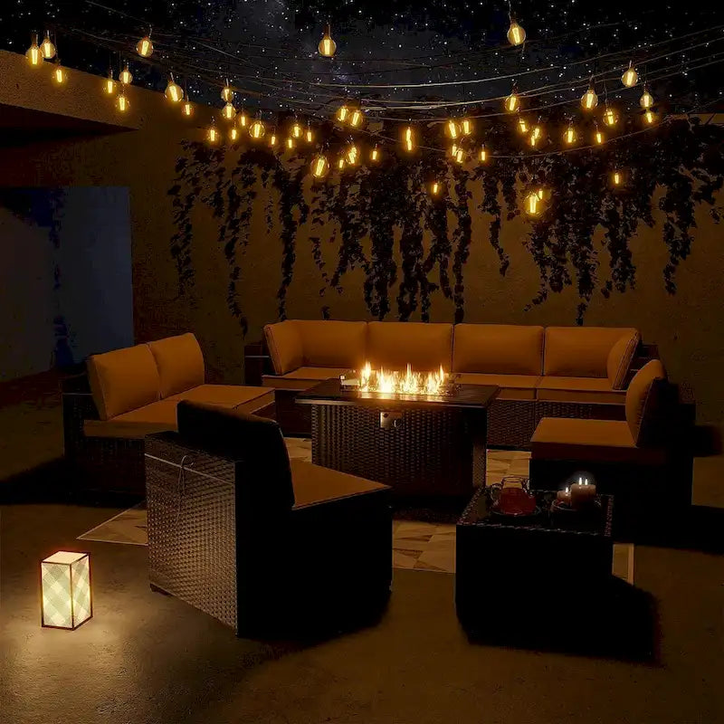 Ensemble de mobilier de jardin en osier Delnavik 9 pièces avec foyer, sièges d'extérieur avec coussins - 9 pièces