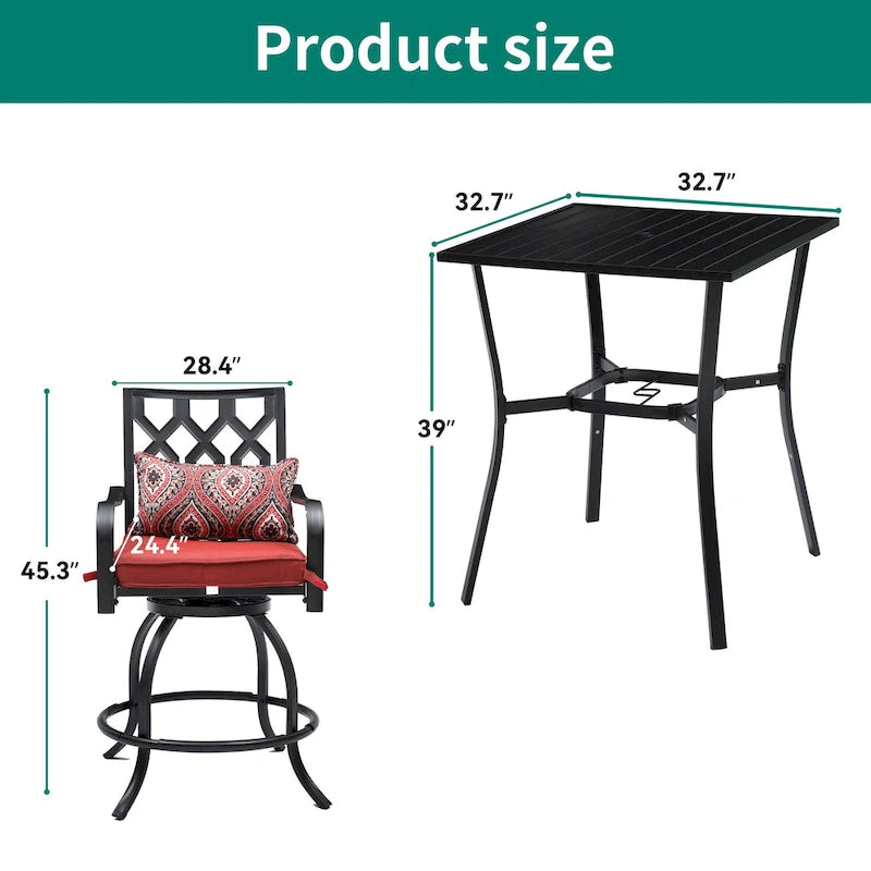 Ensemble de salle à manger d'extérieur 4 places avec chaises à coussins rouges, table en métal
