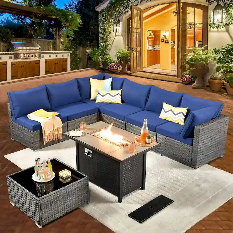 HOOOWOOO Ensemble de Meubles de Jardin en Rotin Gris 8 Pièces Canapé Modulable avec Table Foyer