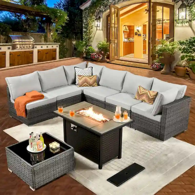 HOOOWOOO Ensemble de Meubles de Jardin en Rotin Gris 8 Pièces Canapé Modulable avec Table Foyer