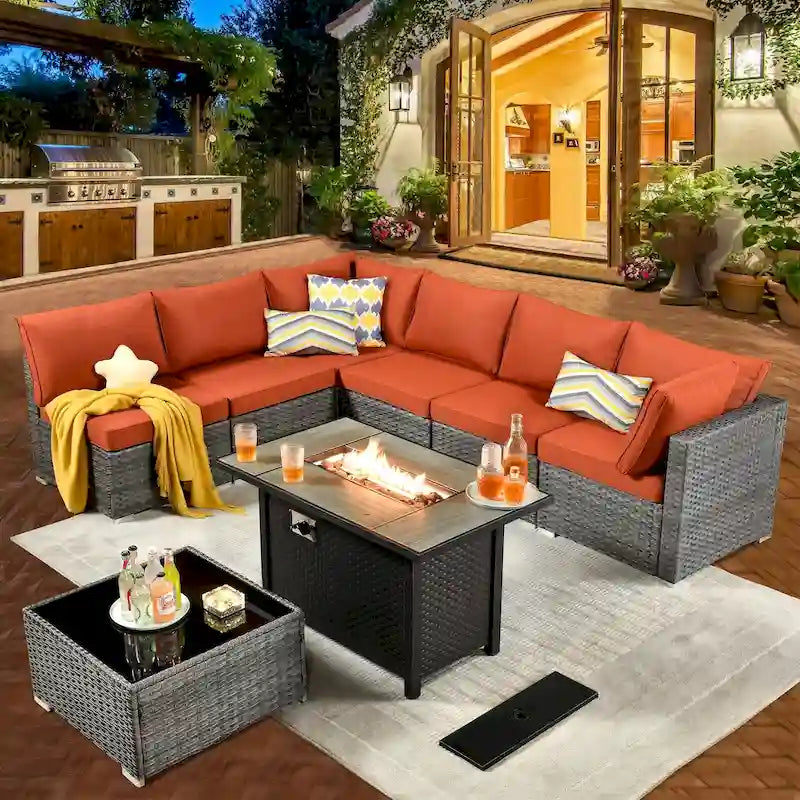 HOOOWOOO Ensemble de Meubles de Jardin en Rotin Gris 8 Pièces Canapé Modulable avec Table Foyer