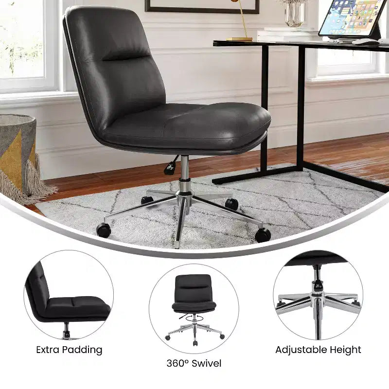 Chaise de bureau pivotante sans accoudoirs Emma et Oliver avec roulettes, dossier et assise rembourrés, hauteur réglable et structure robuste