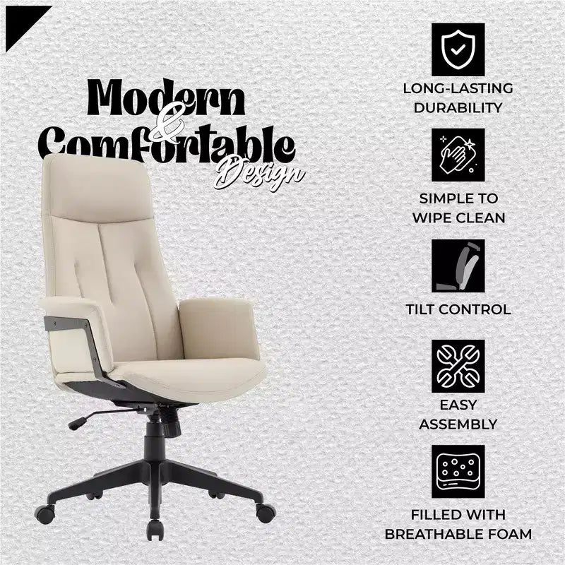 Chaise de Bureau Ergonomique en Cuir à Dossier Haut LeisureMod Aiaria - Hauteur Réglable, Pivotante et Inclinable, Accoudoirs, Chaise de Bureau Moderne pour la Maison ou le Bureau