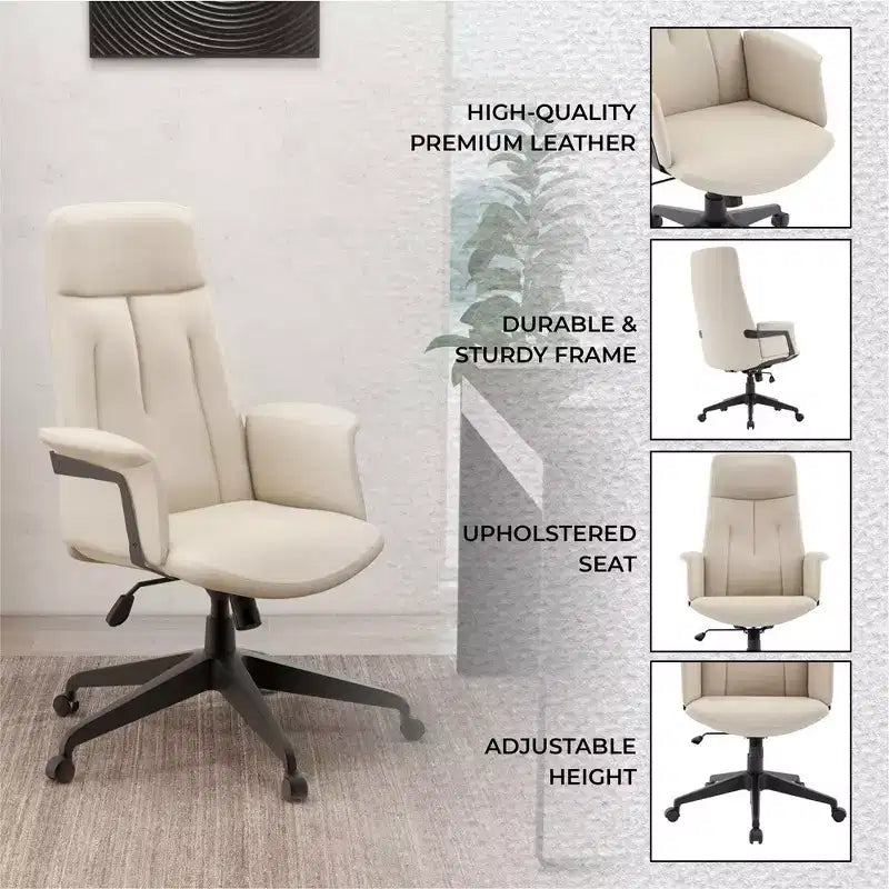 Chaise de Bureau Ergonomique en Cuir à Dossier Haut LeisureMod Aiaria - Hauteur Réglable, Pivotante et Inclinable, Accoudoirs, Chaise de Bureau Moderne pour la Maison ou le Bureau