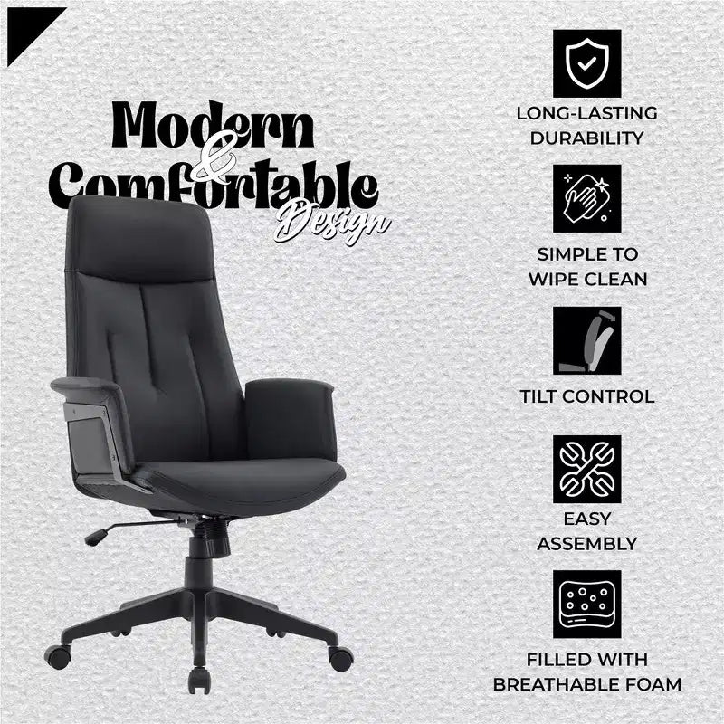 Chaise de Bureau Ergonomique en Cuir à Dossier Haut LeisureMod Aiaria - Hauteur Réglable, Pivotante et Inclinable, Accoudoirs, Chaise de Bureau Moderne pour la Maison ou le Bureau