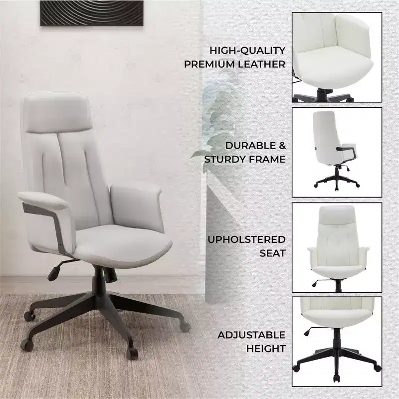 Chaise de Bureau Ergonomique en Cuir à Dossier Haut LeisureMod Aiaria - Hauteur Réglable, Pivotante et Inclinable, Accoudoirs, Chaise de Bureau Moderne pour la Maison ou le Bureau