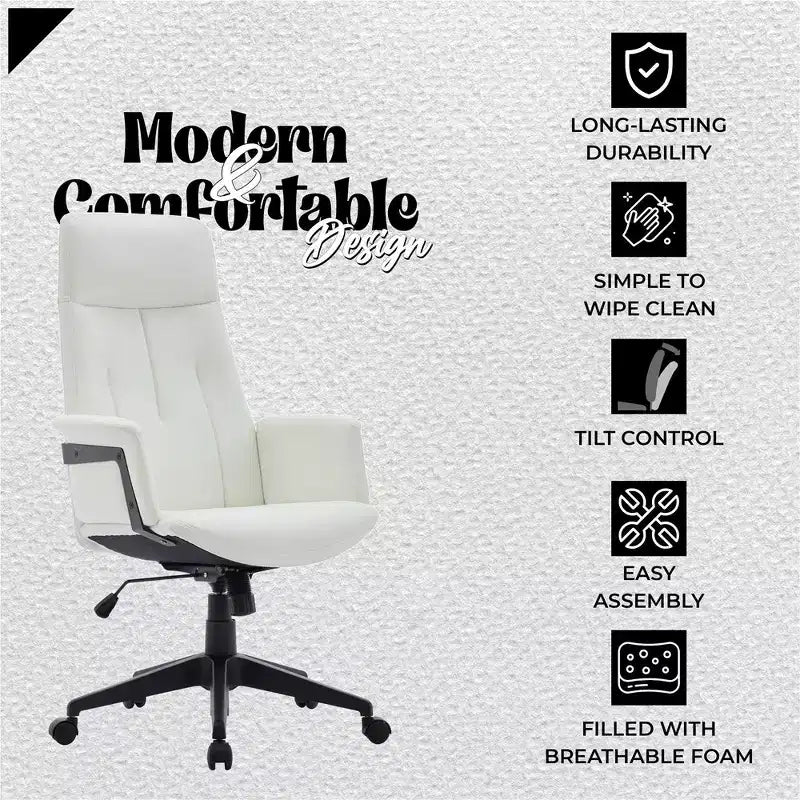 Chaise de Bureau Ergonomique en Cuir à Dossier Haut LeisureMod Aiaria - Hauteur Réglable, Pivotante et Inclinable, Accoudoirs, Chaise de Bureau Moderne pour la Maison ou le Bureau