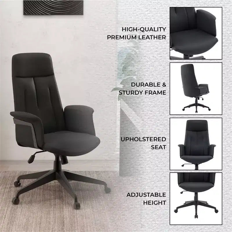 Chaise de Bureau Ergonomique en Cuir à Dossier Haut LeisureMod Aiaria - Hauteur Réglable, Pivotante et Inclinable, Accoudoirs, Chaise de Bureau Moderne pour la Maison ou le Bureau