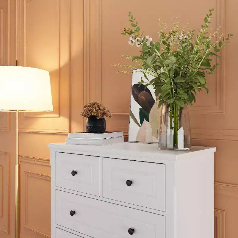 Famapy Commode verticale blanche moderne à 6 tiroirs avec pieds robustes et poignées métalliques
