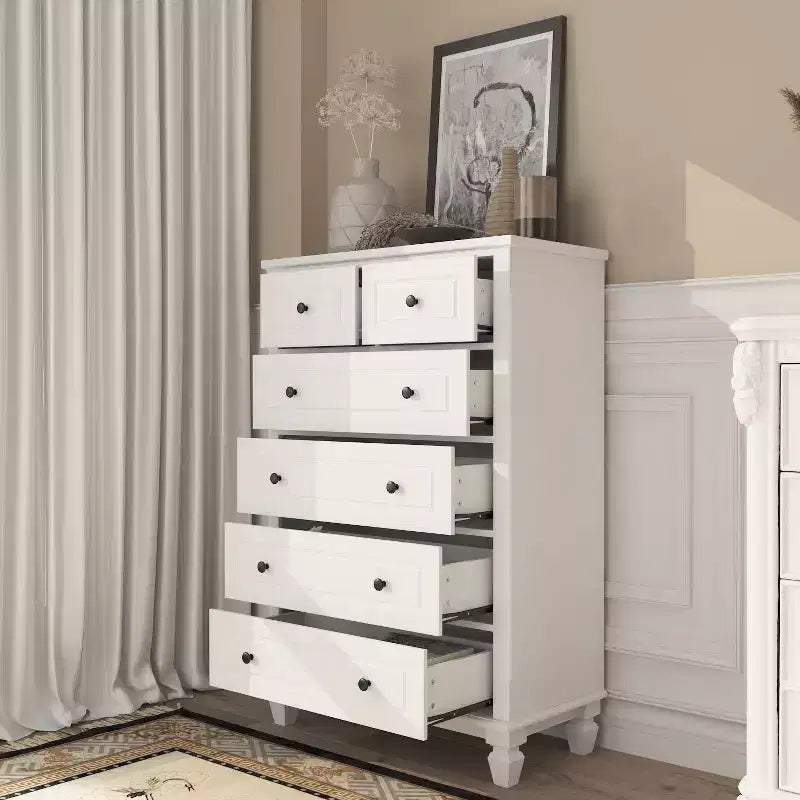 Famapy Commode verticale blanche moderne à 6 tiroirs avec pieds robustes et poignées métalliques