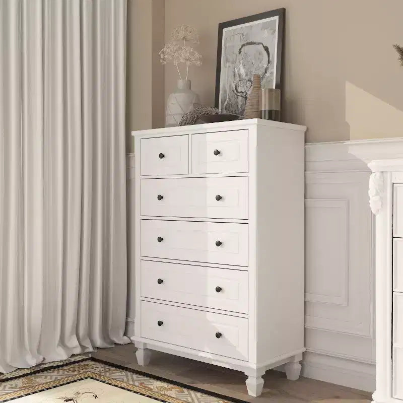 Famapy Commode verticale blanche moderne à 6 tiroirs avec pieds robustes et poignées métalliques