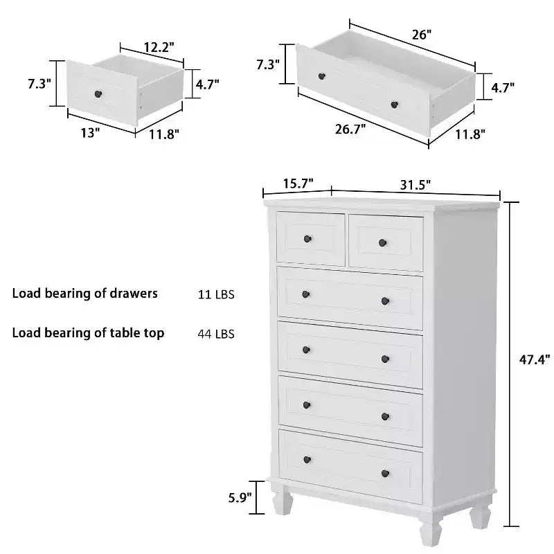 Famapy Commode verticale blanche moderne à 6 tiroirs avec pieds robustes et poignées métalliques