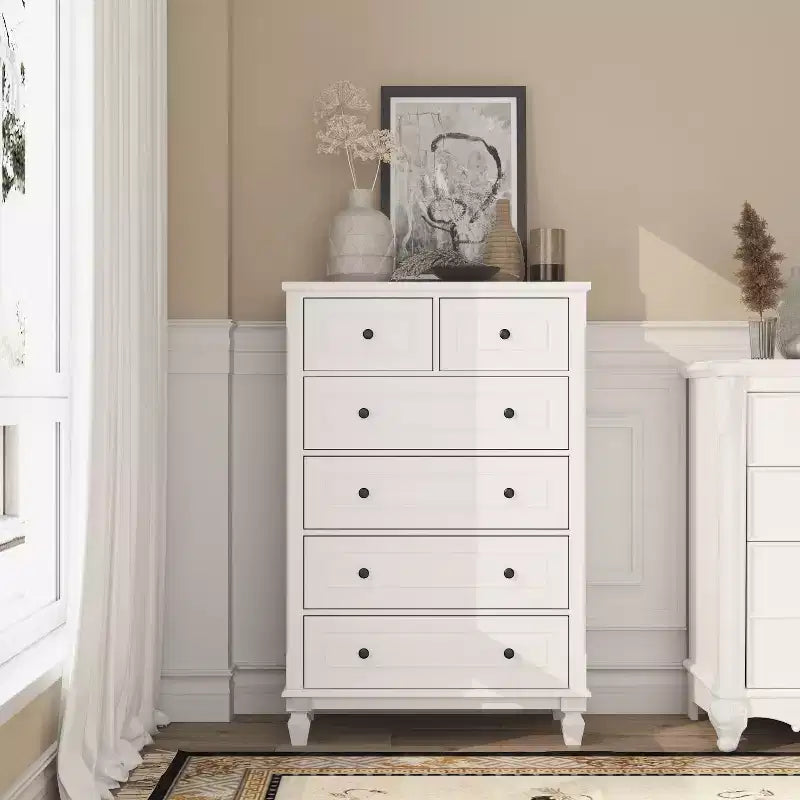 Famapy Commode verticale blanche moderne à 6 tiroirs avec pieds robustes et poignées métalliques
