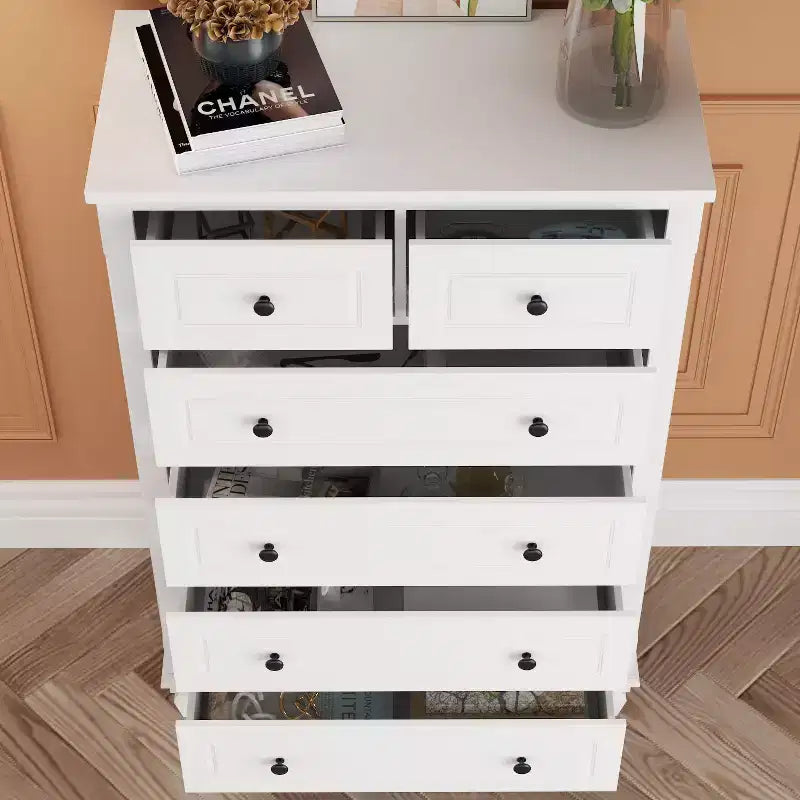Famapy Commode verticale blanche moderne à 6 tiroirs avec pieds robustes et poignées métalliques