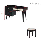 Ensemble coiffeuse en bois 39" avec prise de charge et port USB et tabouret, table de maquillage avec 3 tiroirs de rangement et 1 tiroir rectangulaire en rotin