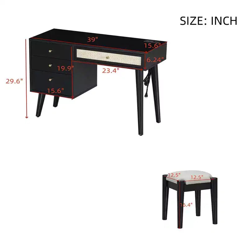 Ensemble coiffeuse en bois 39" avec prise de charge et port USB et tabouret, table de maquillage avec 3 tiroirs de rangement et 1 tiroir rectangulaire en rotin