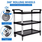 Chariot de service utilitaire avec roue de frein, chariot roulant robuste à 3 étagères de 163 kg avec roues pivotantes à 360°, chariot de service de restaurant avec marteau