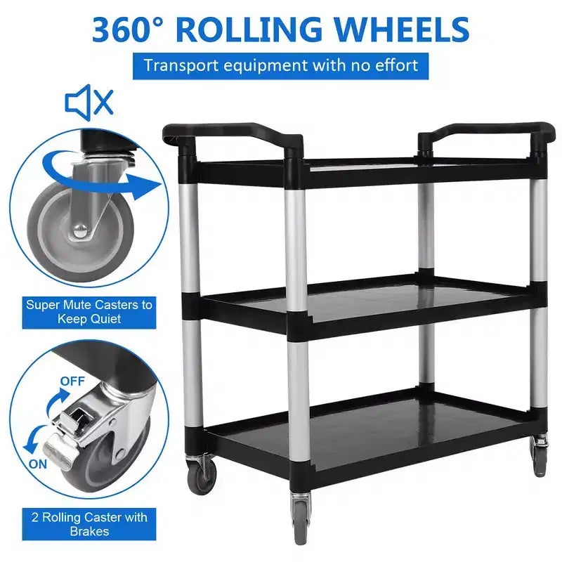Chariot de service utilitaire avec roue de frein, chariot roulant robuste à 3 étagères de 163 kg avec roues pivotantes à 360°, chariot de service de restaurant avec marteau