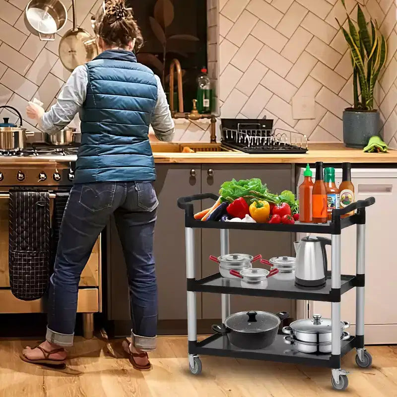 Chariot de service utilitaire avec roue de frein, chariot roulant robuste à 3 étagères de 163 kg avec roues pivotantes à 360°, chariot de service de restaurant avec marteau