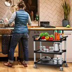 Chariot de service utilitaire avec roue de frein, chariot roulant robuste à 3 étagères de 163 kg avec roues pivotantes à 360°, chariot de service de restaurant avec marteau