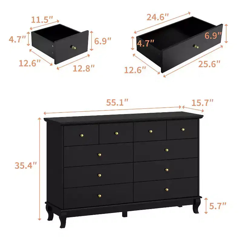 Commode de chambre à 10 tiroirs Famapy, finition peinture noire