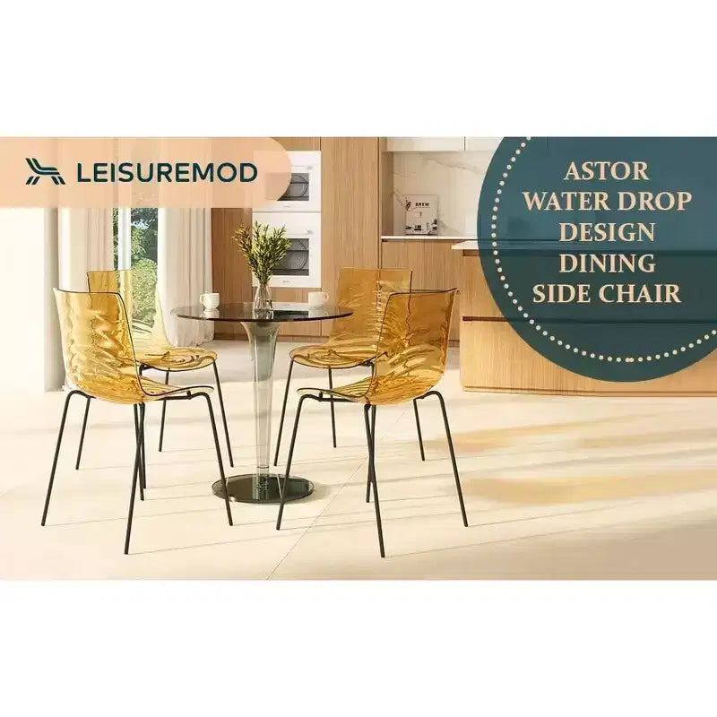LeisureMod Astor Chaises de salle à manger en plastique, lot de 4, design ondulation d'eau avec pieds en acier inoxydable noir, chaises d'appoint modernes pour cuisine, salle à manger