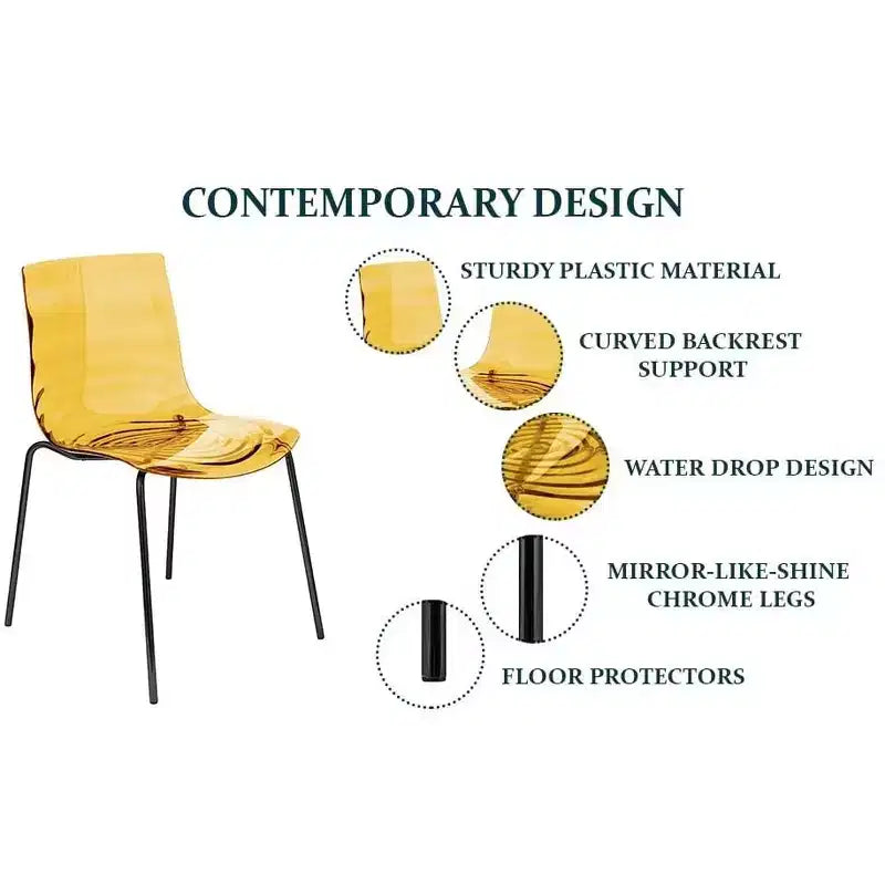 LeisureMod Astor Chaises de salle à manger en plastique, lot de 4, design ondulation d'eau avec pieds en acier inoxydable noir, chaises d'appoint modernes pour cuisine, salle à manger
