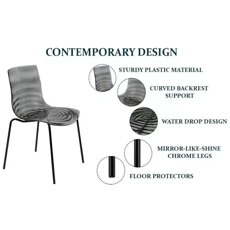 LeisureMod Astor Chaises de salle à manger en plastique, lot de 4, design ondulation d'eau avec pieds en acier inoxydable noir, chaises d'appoint modernes pour cuisine, salle à manger