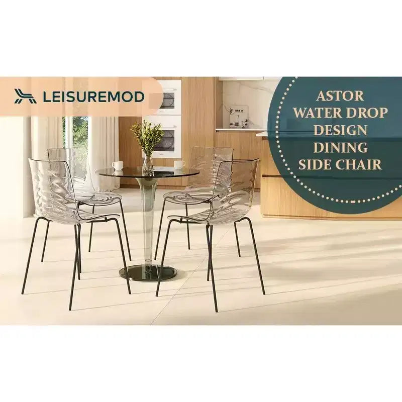 LeisureMod Astor Chaises de salle à manger en plastique, lot de 4, design ondulation d'eau avec pieds en acier inoxydable noir, chaises d'appoint modernes pour cuisine, salle à manger
