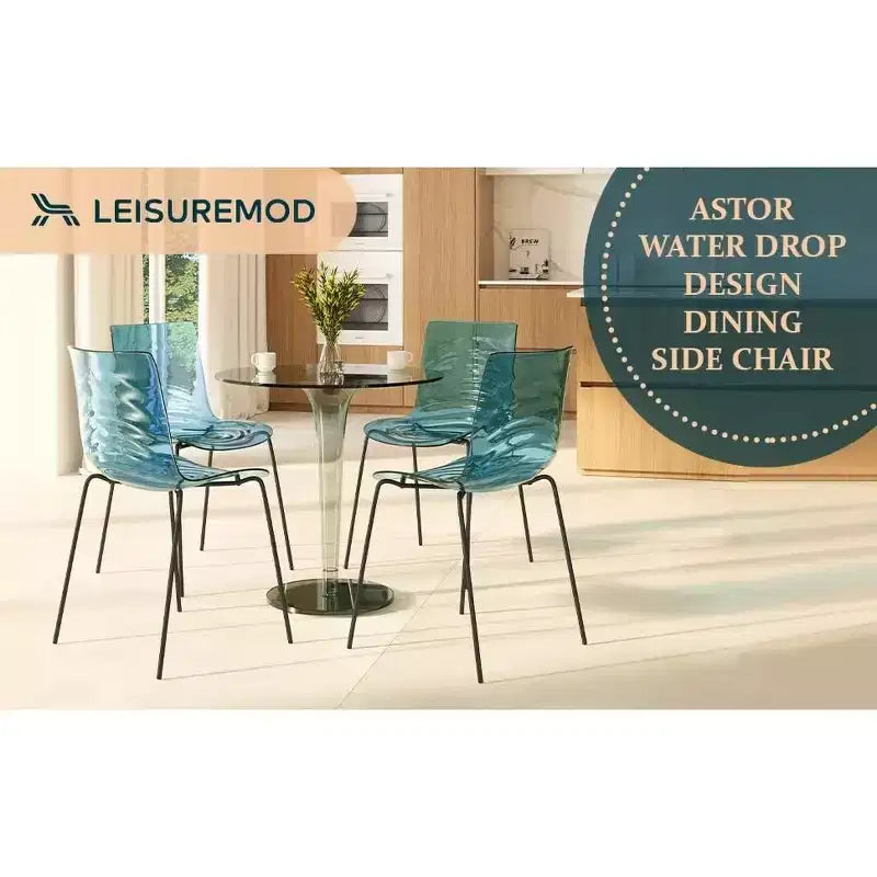 LeisureMod Astor Chaises de salle à manger en plastique, lot de 4, design ondulation d'eau avec pieds en acier inoxydable noir, chaises d'appoint modernes pour cuisine, salle à manger