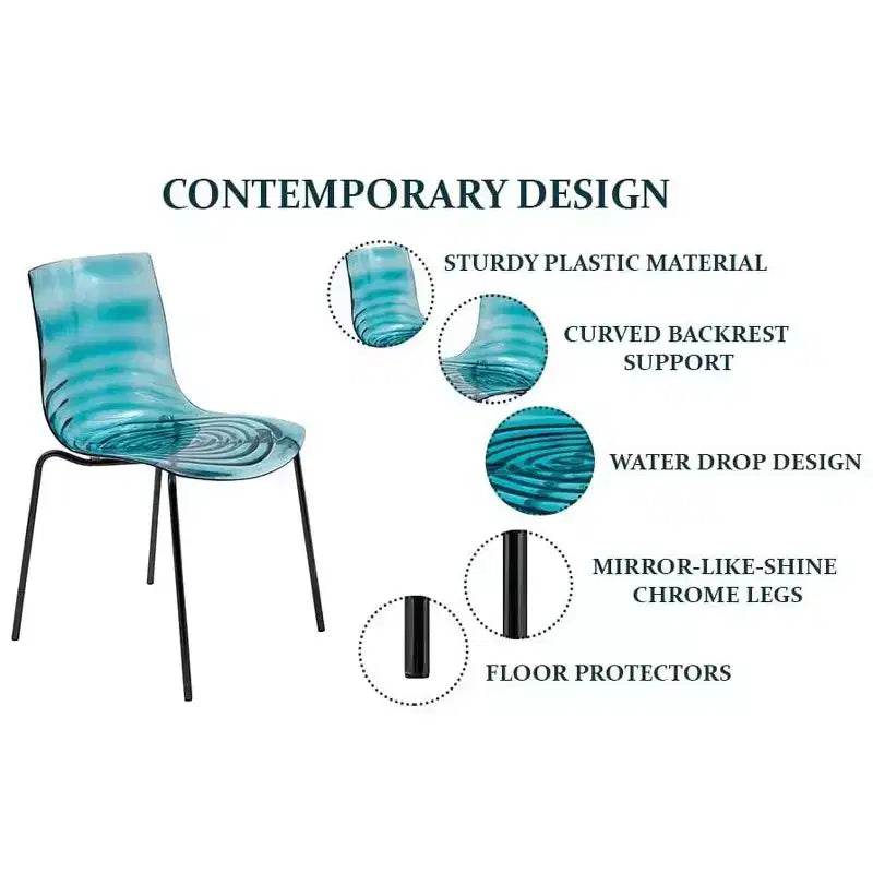 LeisureMod Astor Chaises de salle à manger en plastique, lot de 4, design ondulation d'eau avec pieds en acier inoxydable noir, chaises d'appoint modernes pour cuisine, salle à manger