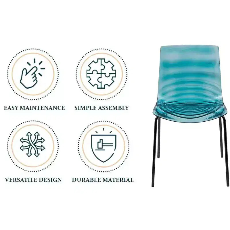 LeisureMod Astor Chaises de salle à manger en plastique, lot de 4, design ondulation d'eau avec pieds en acier inoxydable noir, chaises d'appoint modernes pour cuisine, salle à manger