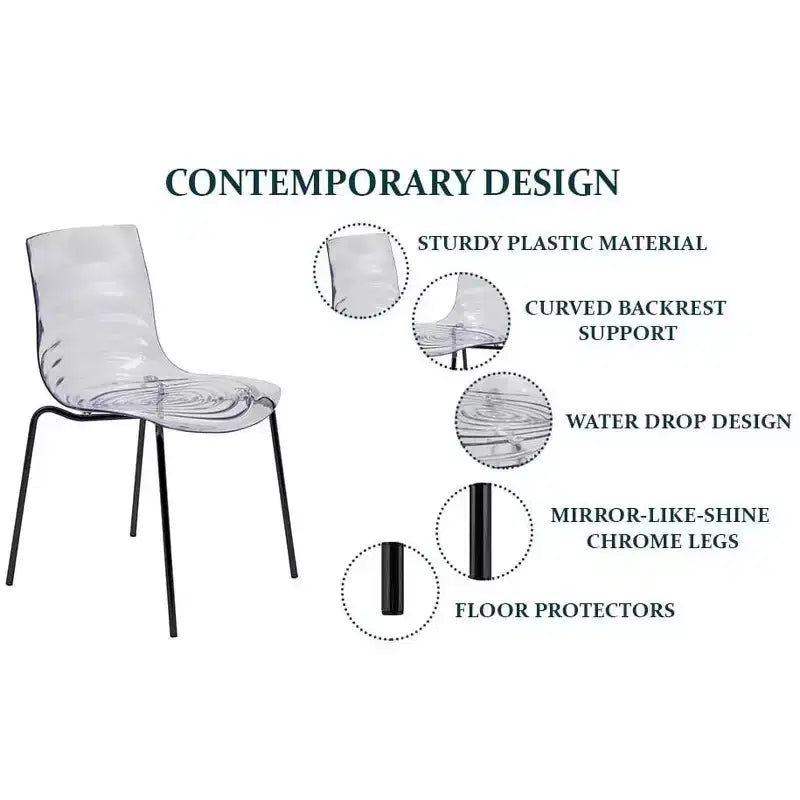 LeisureMod Astor Chaises de salle à manger en plastique, lot de 4, design ondulation d'eau avec pieds en acier inoxydable noir, chaises d'appoint modernes pour cuisine, salle à manger