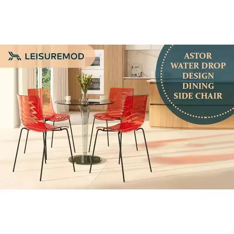 LeisureMod Astor Chaises de salle à manger en plastique, lot de 4, design ondulation d'eau avec pieds en acier inoxydable noir, chaises d'appoint modernes pour cuisine, salle à manger