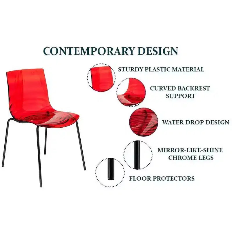 LeisureMod Astor Chaises de salle à manger en plastique, lot de 4, design ondulation d'eau avec pieds en acier inoxydable noir, chaises d'appoint modernes pour cuisine, salle à manger