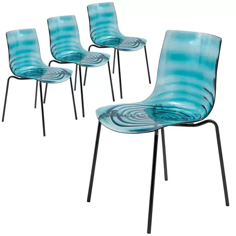 LeisureMod Astor Chaises de salle à manger en plastique, lot de 4, design ondulation d'eau avec pieds en acier inoxydable noir, chaises d'appoint modernes pour cuisine, salle à manger