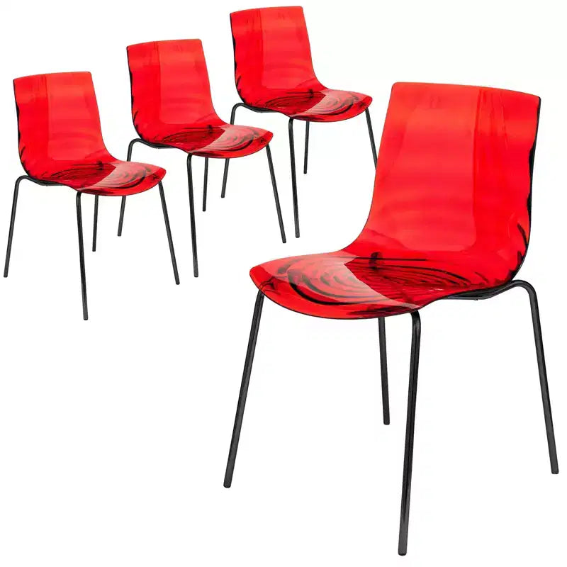 LeisureMod Astor Chaises de salle à manger en plastique, lot de 4, design ondulation d'eau avec pieds en acier inoxydable noir, chaises d'appoint modernes pour cuisine, salle à manger