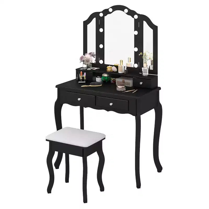 Costway Coiffeuse avec Miroir Tri-Pliant et Lumières LED 4 Tiroirs Étagère Ouverte Blanc/Noir