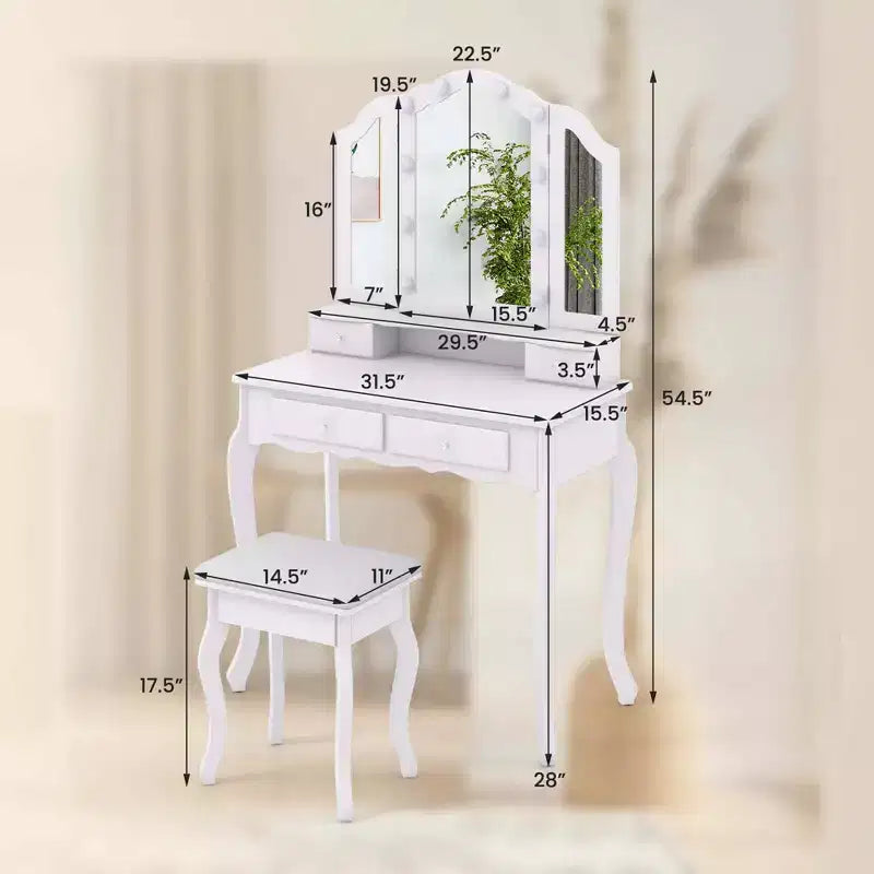 Costway Coiffeuse avec Miroir Tri-Pliant et Lumières LED 4 Tiroirs Étagère Ouverte Blanc/Noir