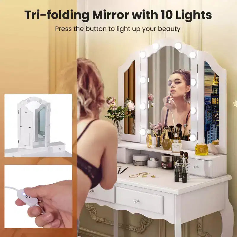 Costway Coiffeuse avec Miroir Tri-Pliant et Lumières LED 4 Tiroirs Étagère Ouverte Blanc/Noir