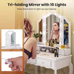 Costway Coiffeuse avec Miroir Tri-Pliant et Lumières LED 4 Tiroirs Étagère Ouverte Blanc/Noir