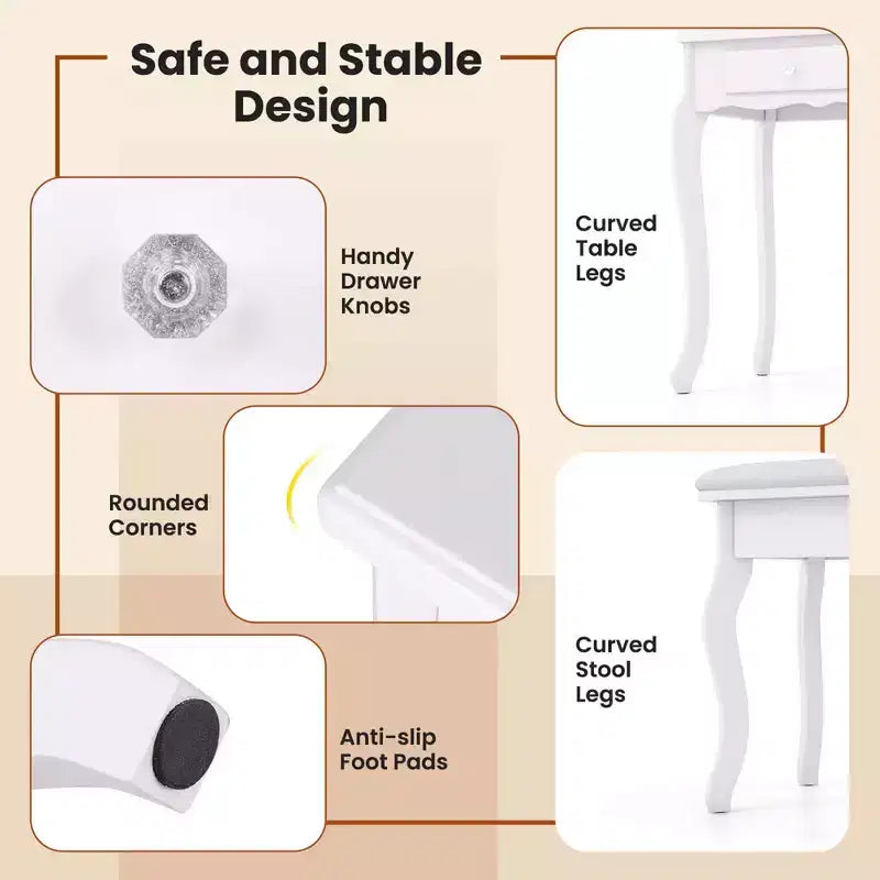 Costway Coiffeuse avec Miroir Tri-Pliant et Lumières LED 4 Tiroirs Étagère Ouverte Blanc/Noir