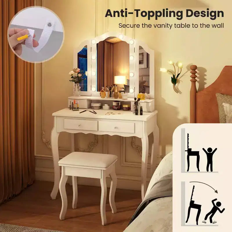 Costway Coiffeuse avec Miroir Tri-Pliant et Lumières LED 4 Tiroirs Étagère Ouverte Blanc/Noir